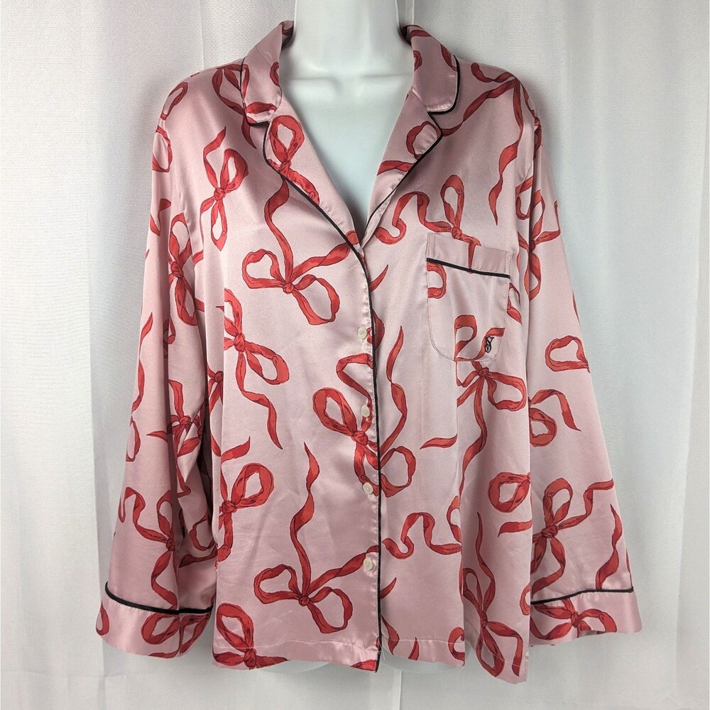 Victoria's Secret Glazed Satin Pajama Top Only Chalk Rose Bows Print Size Large